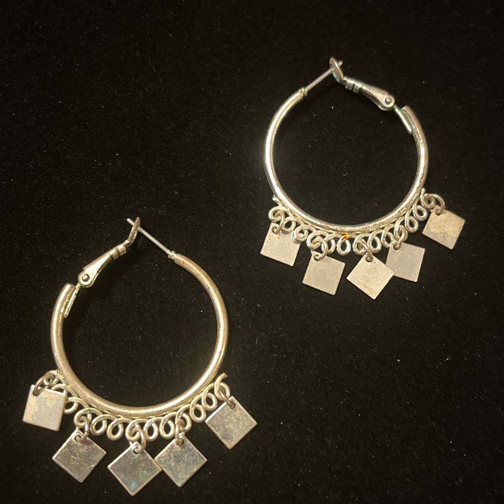 Silver Tone Square Hoops With Dangling Square Cha… - image 1